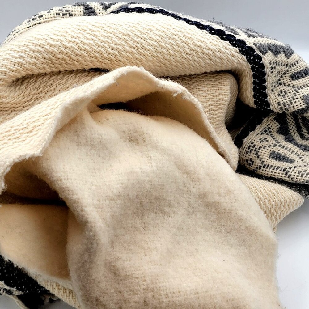 Wool Blend Poncho/Cape Boho With Geometric Pattern Hood & Buttons Beige & Gray - Picture 8 of 14